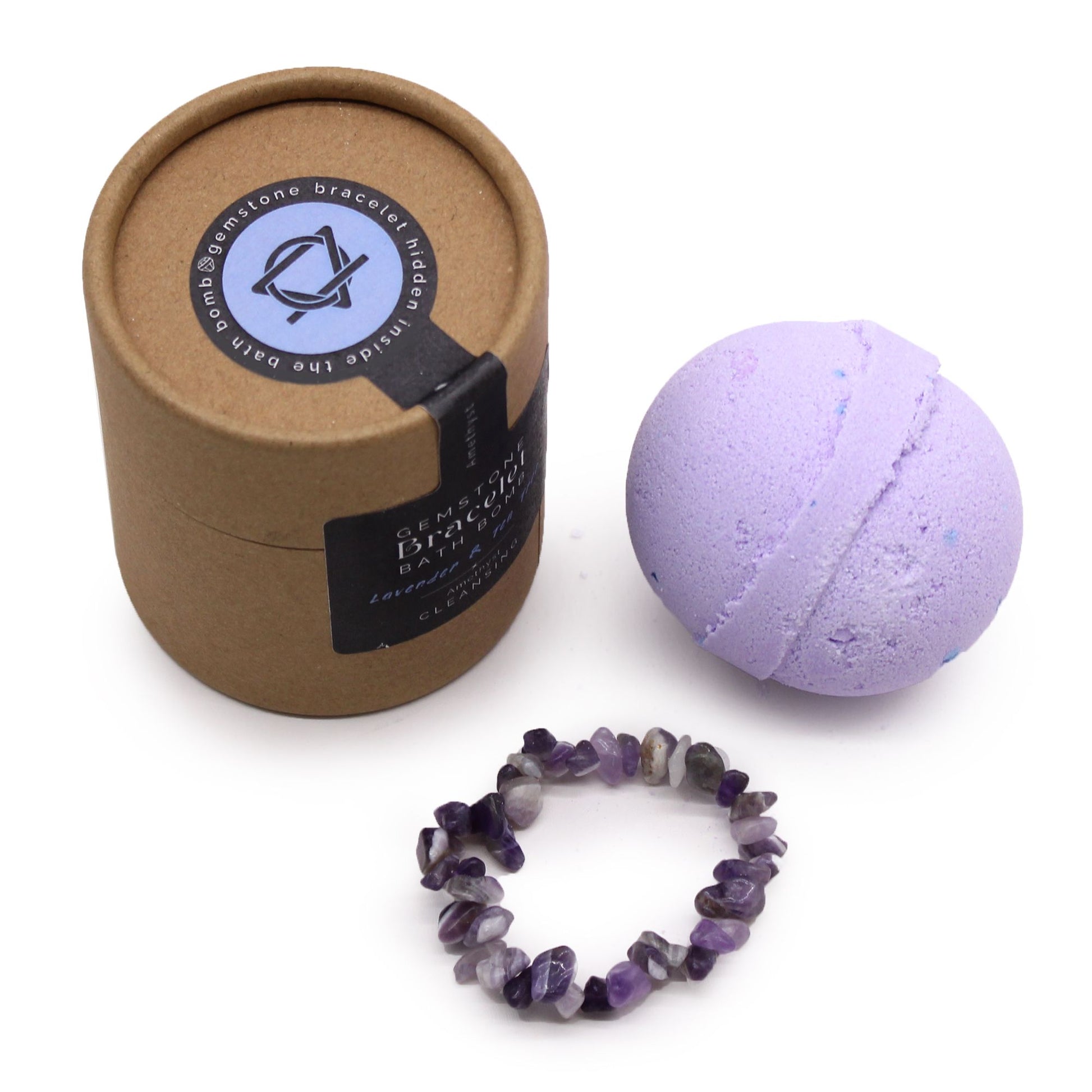 Badebombe mit Edelsteinarmband Amethyst – Badebombe und Armband, Freisteller, Draufsicht