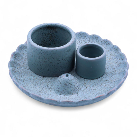 3in1 Keramik-Halter für Räucherstäbchen, Kegel, Bündel & Palo Santo - Lotus Blume - Blau