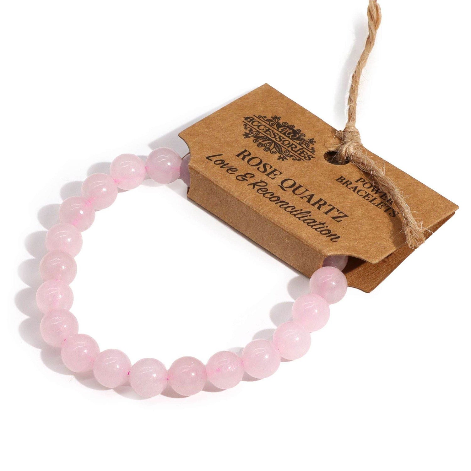Edelstein-Kraftarmband Rosenquarz – rosa Perlenarmband mit Etikett, Freisteller