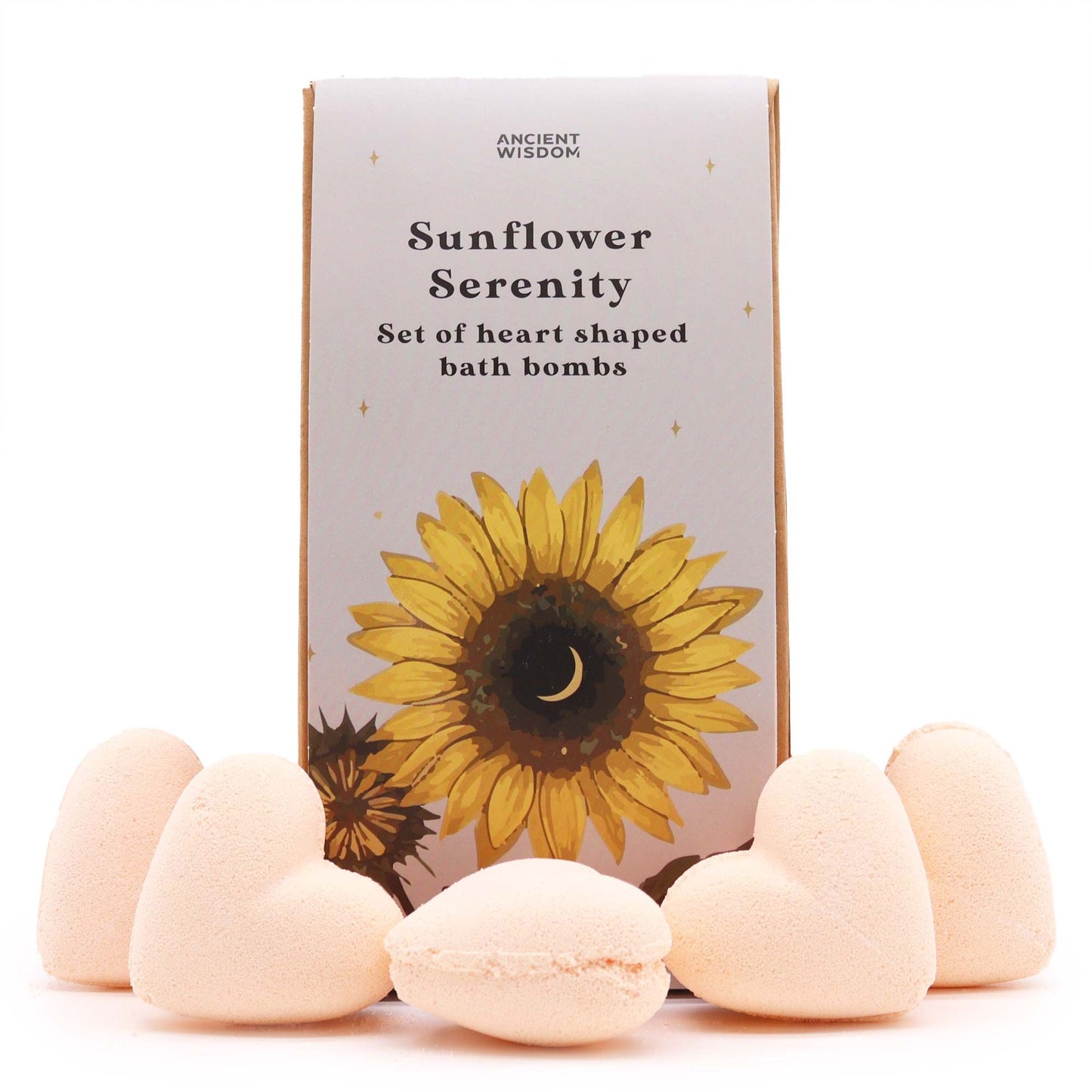 Badeherz-Geschenkset Sunflower Serenity – Verpackung mit cremefarbenen Badeherzen, Freisteller