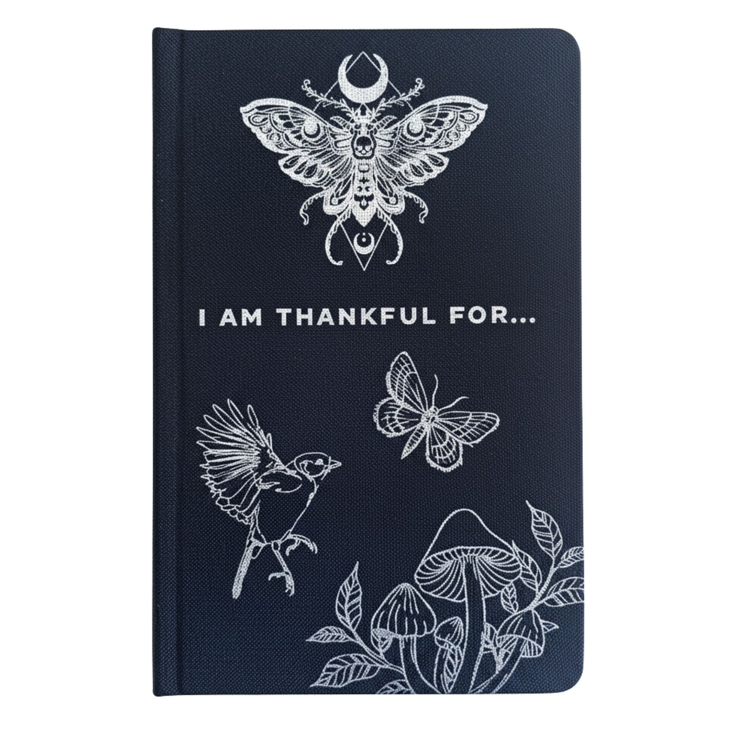Dankbarkeitstagebuch I Am Thankful For – dunkles Cover mit weißen Illustrationen von Schmetterling, Vogel und Blumen