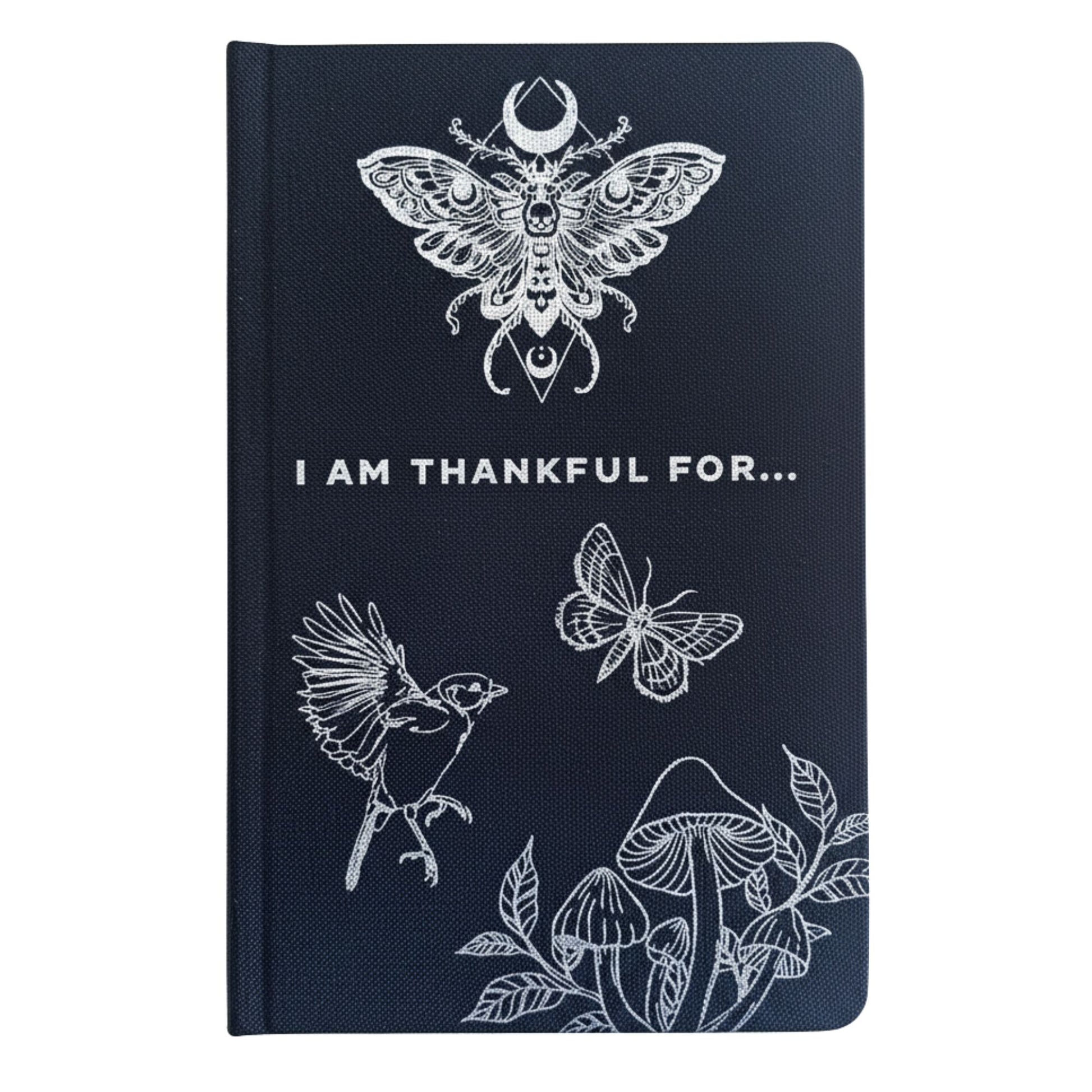 Dankbarkeitstagebuch I Am Thankful For – dunkles Cover mit weißen Illustrationen von Schmetterling, Vogel und Blumen
