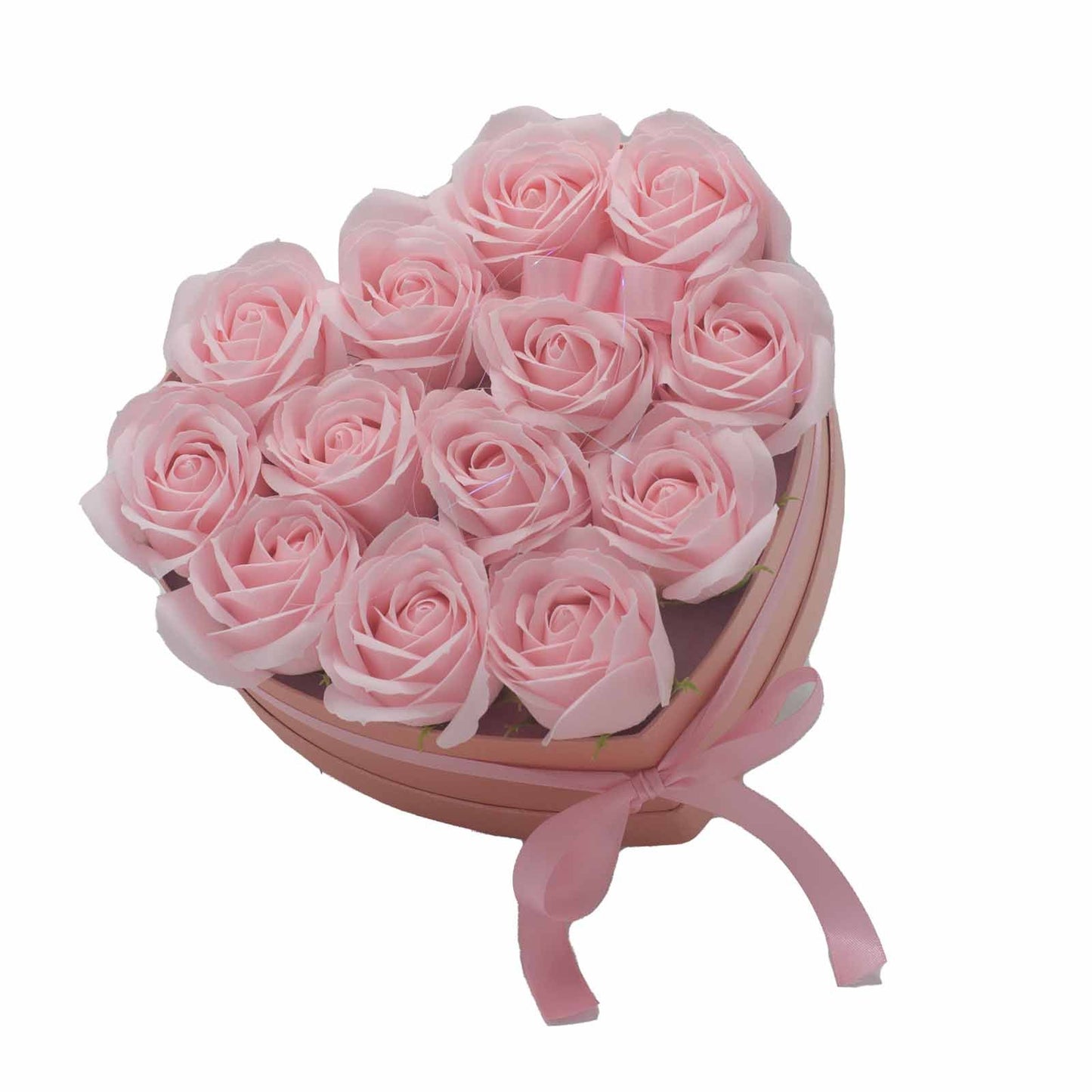 Seifenblumen Herzbouquet 13 Rosen Rosa – Box leicht gekippt, Draufsicht