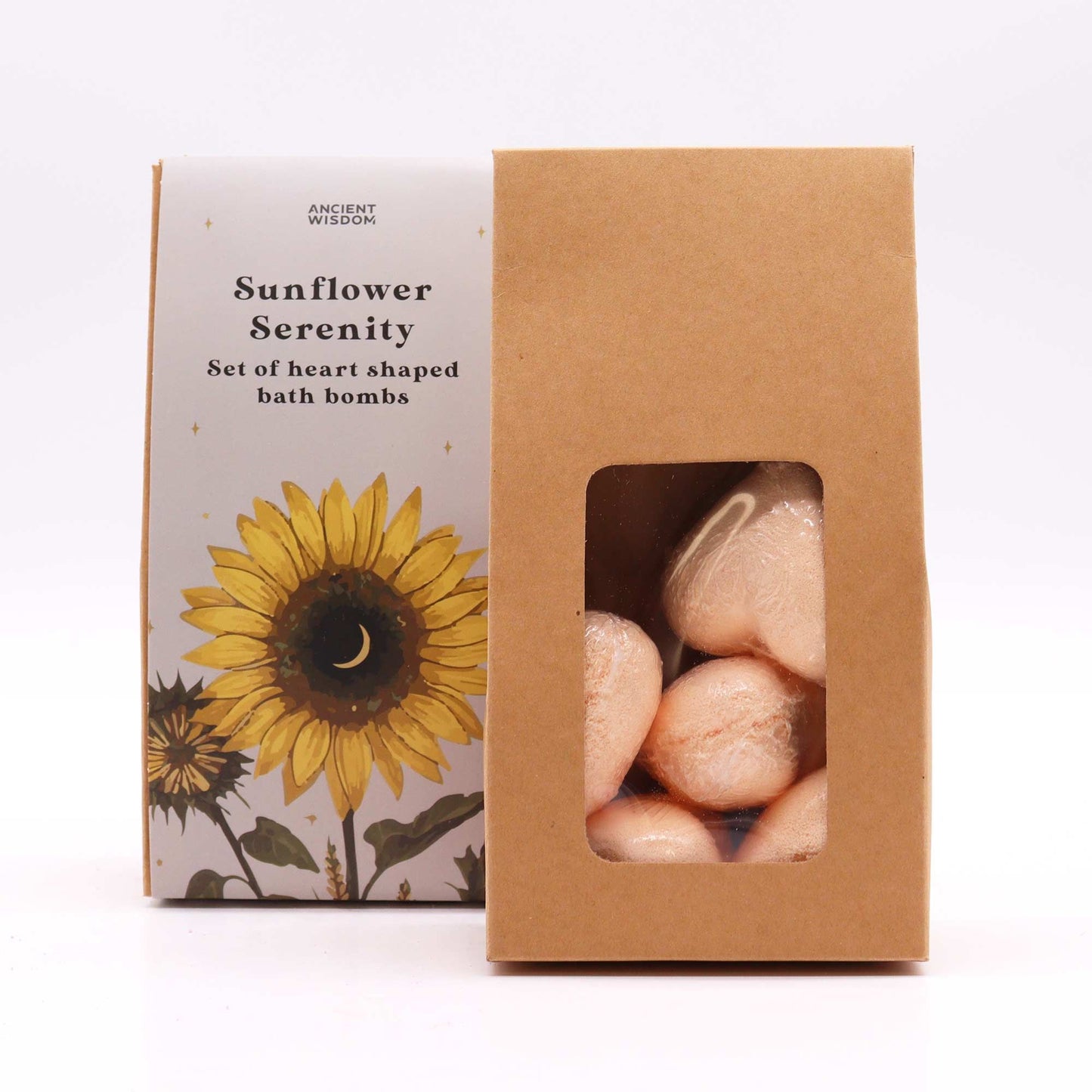 Badeherz-Geschenkset Sunflower Serenity – geöffnete Box mit Badeherzen, Frontansicht