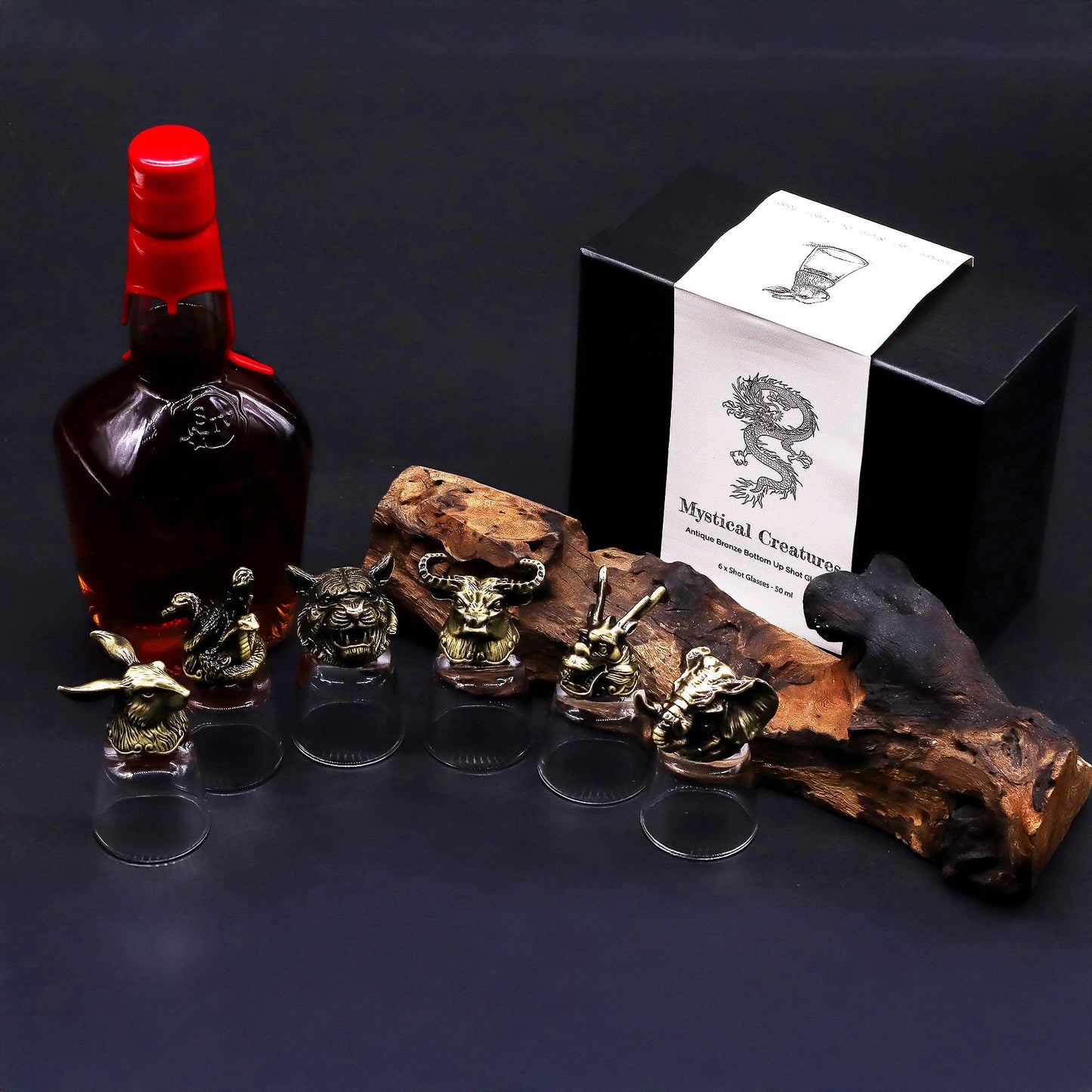 Geschenkset mit 6 Schnapsgläsern (50ml) - Mystische Kreaturen im Antik-Bronze-Finish