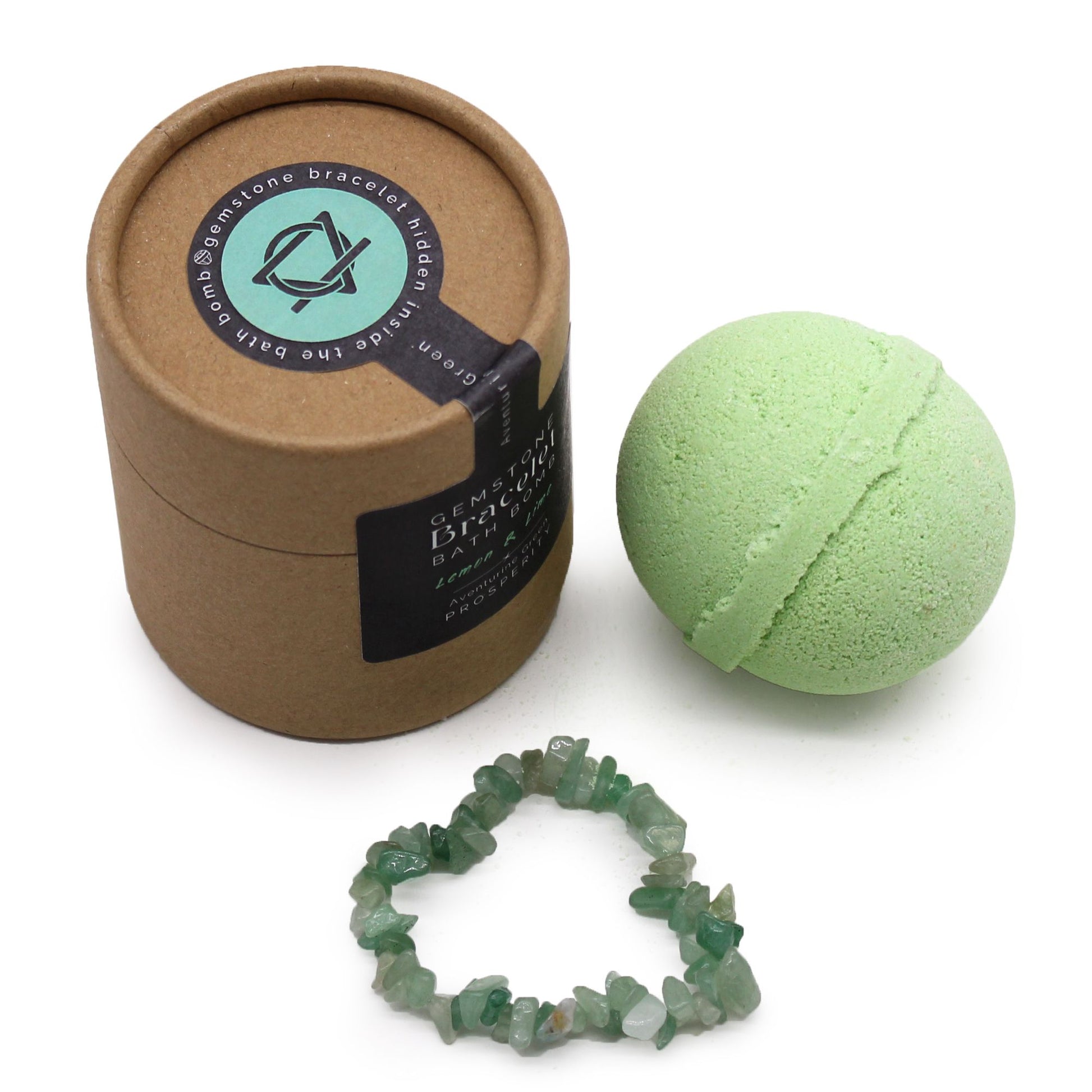 Badebombe mit Edelsteinarmband Grüner Aventurin – Badebombe und Armband, Freisteller, Draufsicht