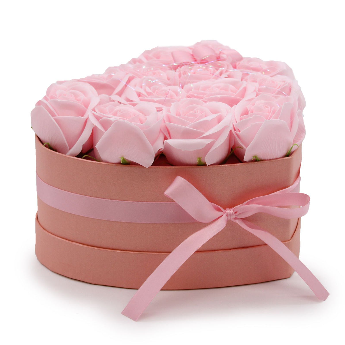 Seifenblumen Herzbouquet 13 Rosen Rosa – geöffnete Box stehend, Freisteller