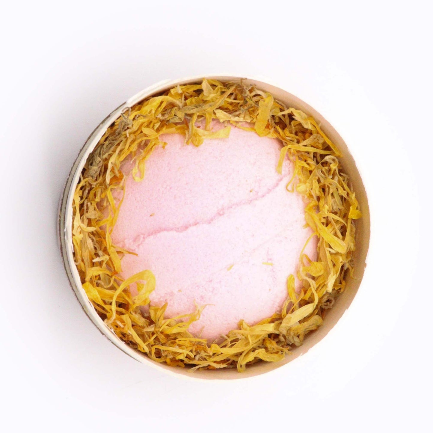 Badeset Blooming Pink Bliss – Badebombe mit Ringelblumenblüten, Draufsicht