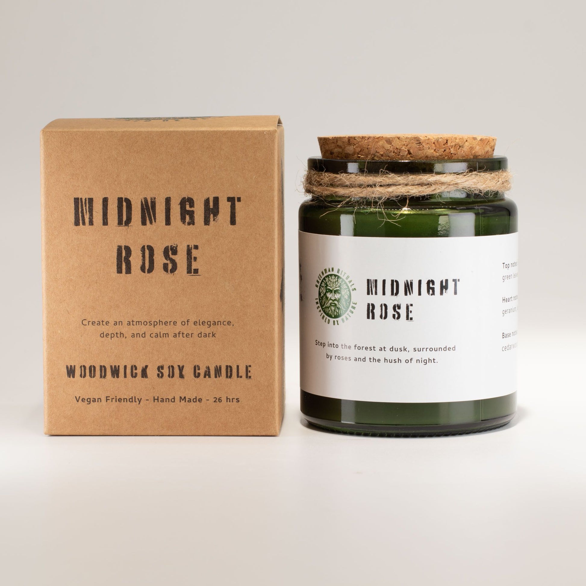 Greenman Woodwick Duftkerze Mitternachtsrose – Verpackung und Produkt, Frontansicht