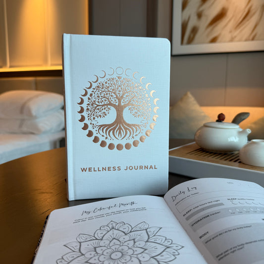 Achtsamkeitsjournal Tree of Life – aufgeschlagen auf Tisch mit Deko