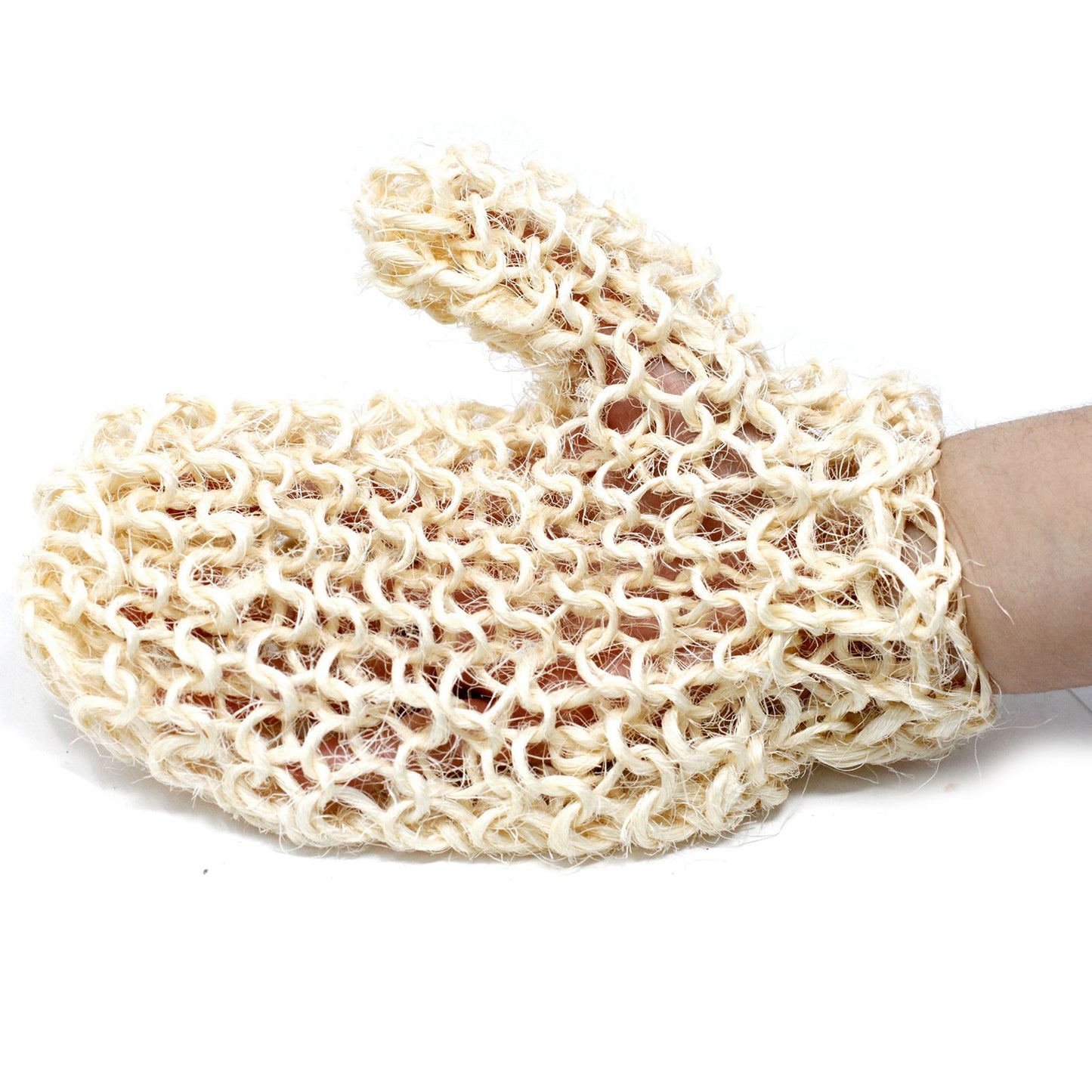 Peeling-Handschuh Sisal – an einer Hand angezogen