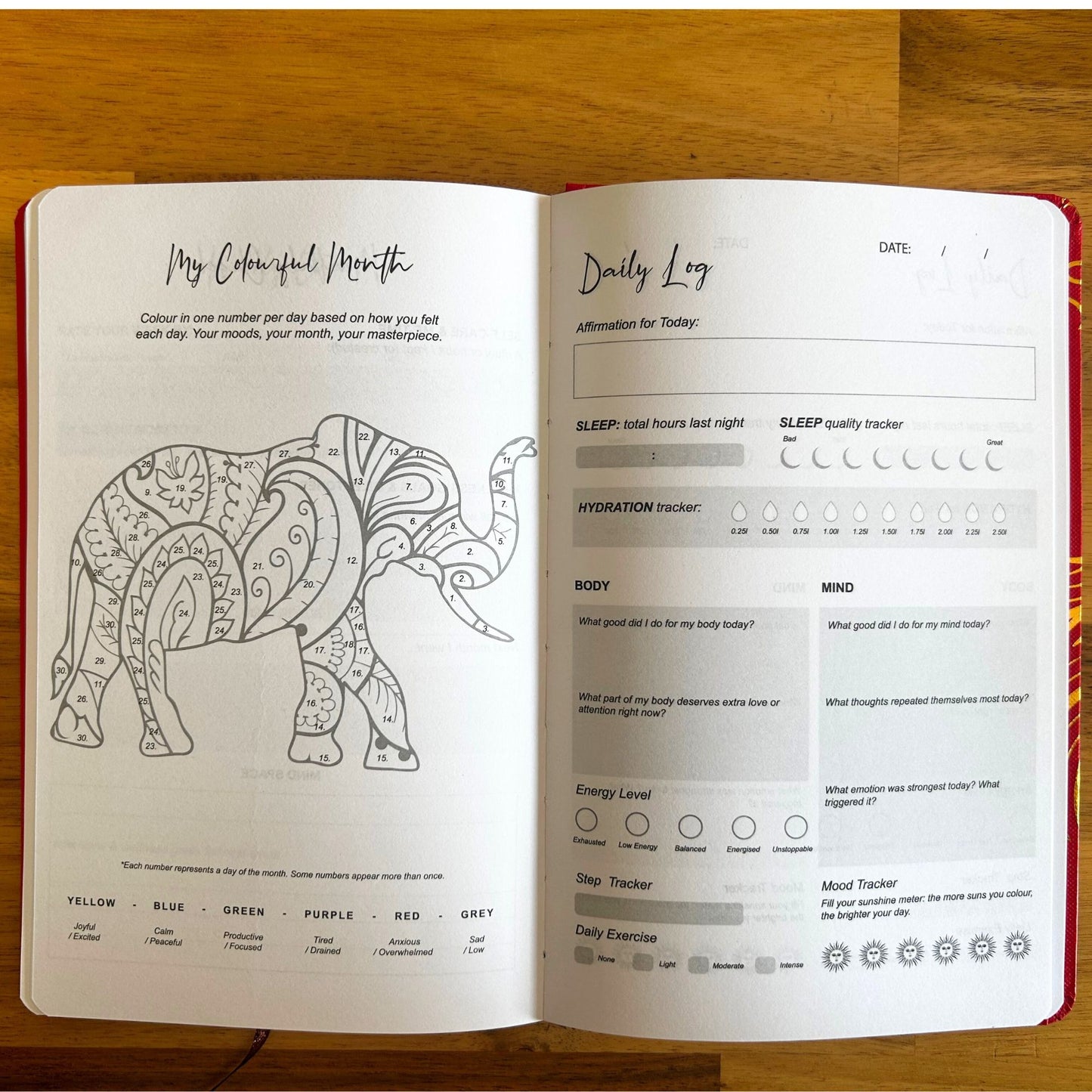 Achtsamkeitsjournal Tree of Life – Innenseiten mit Elefant-Illustration und Struktur