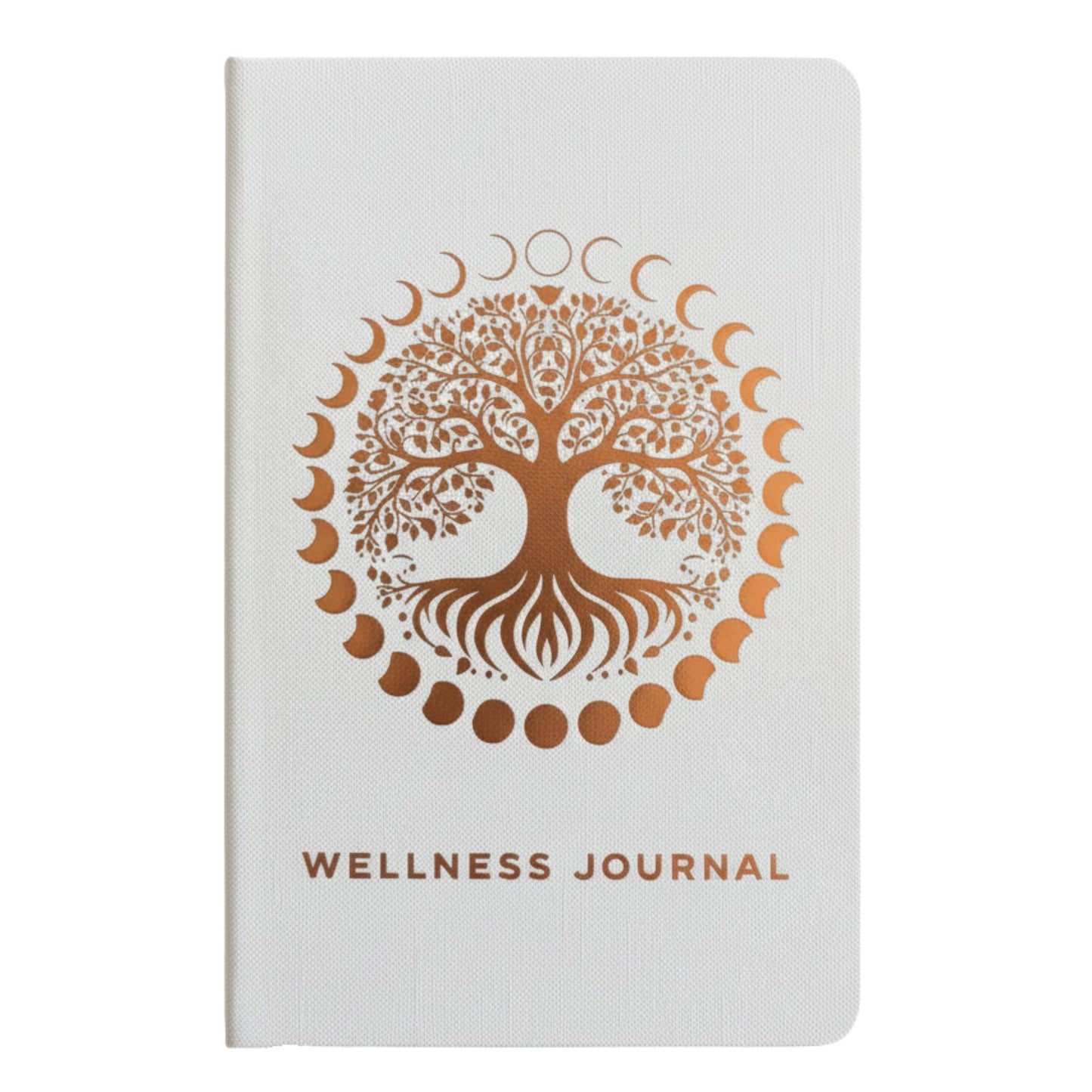 Achtsamkeitsjournal Tree of Life – weißes Cover mit goldenem Lebensbaum und Mondphasen