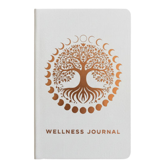 Achtsamkeitsjournal Tree of Life – weißes Cover mit goldenem Lebensbaum und Mondphasen