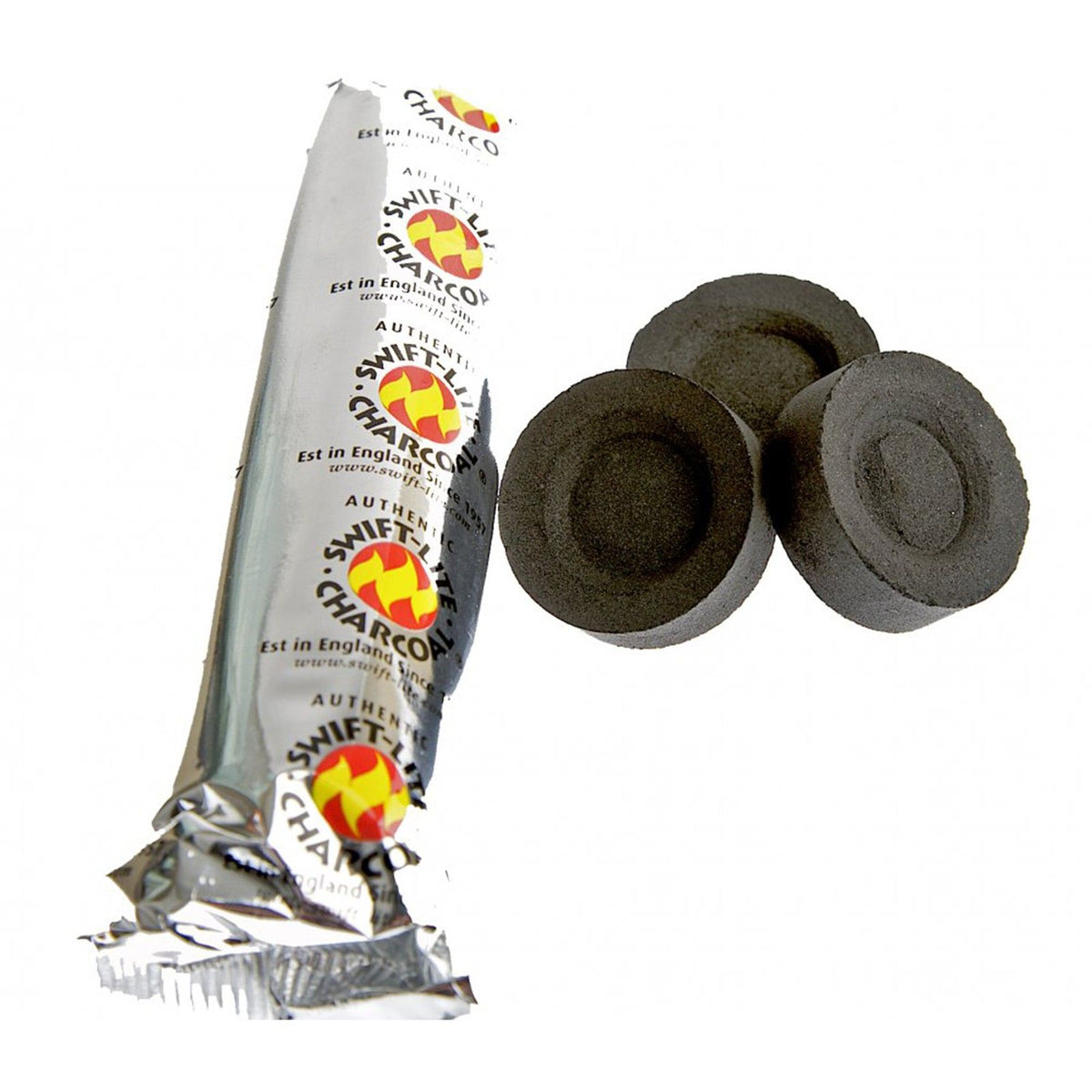 Räucherkohle 10 Kohletabletten – Verpackung mit 3 Kohletabletten daneben