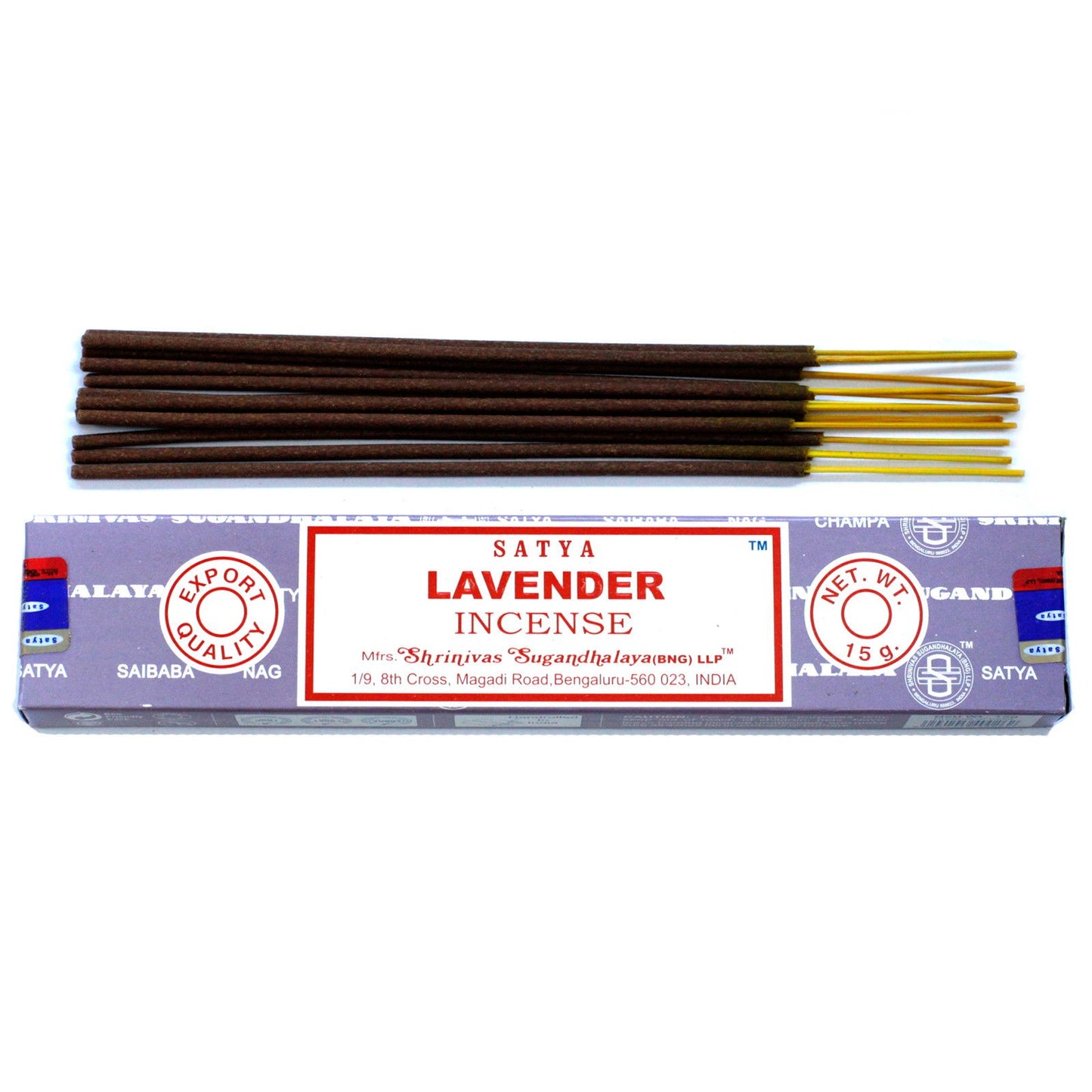 Satya Räucherstäbchen Lavendel – Verpackung mit Stäbchen, Freisteller