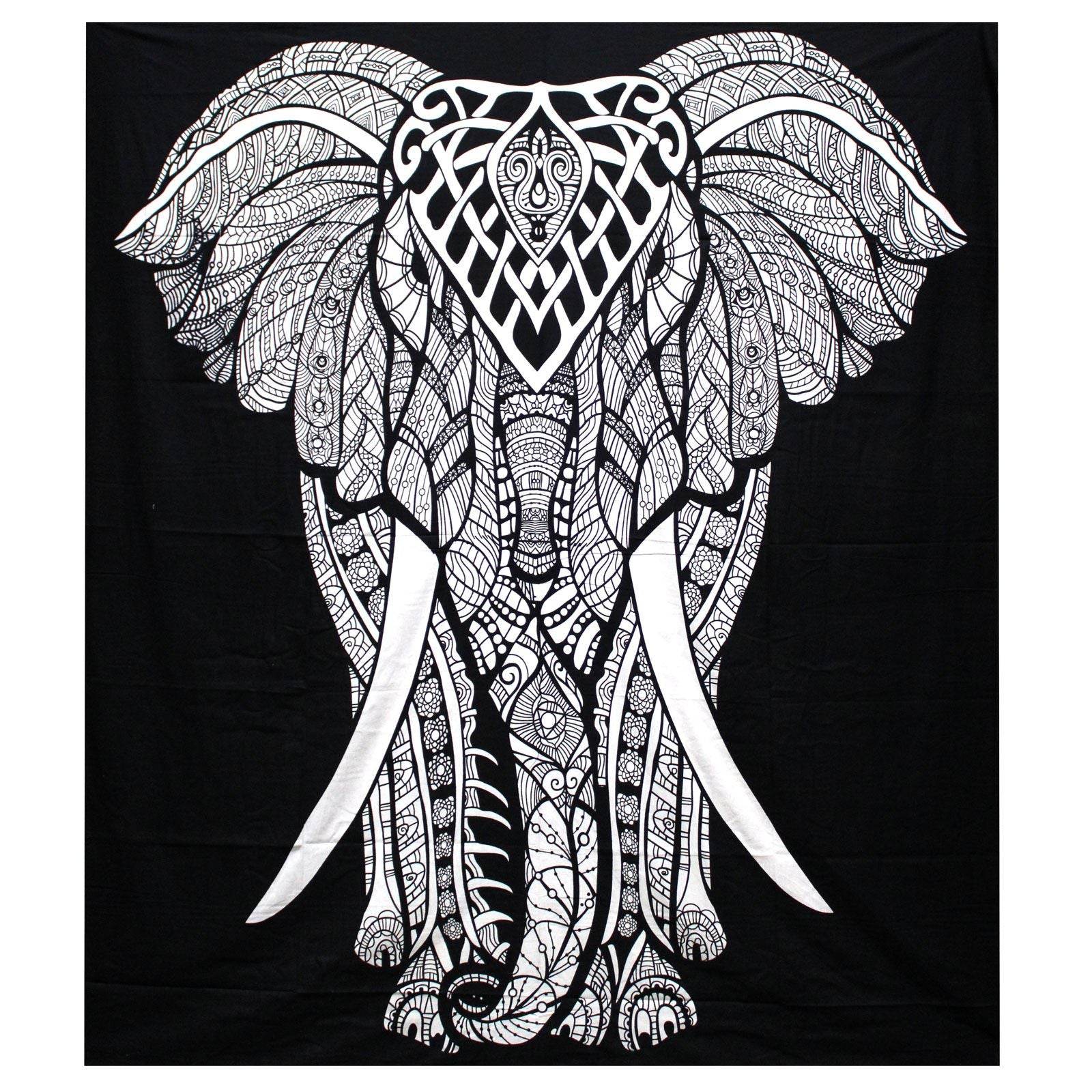 Elefant Black & White Tagesdecke + Wandbehang Baumwolle - Black and White Double Cotton Bedspread - Hauttempel