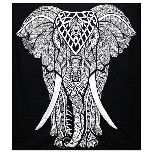 Elefant Black & White Tagesdecke + Wandbehang Baumwolle - Black and White Double Cotton Bedspread - Hauttempel