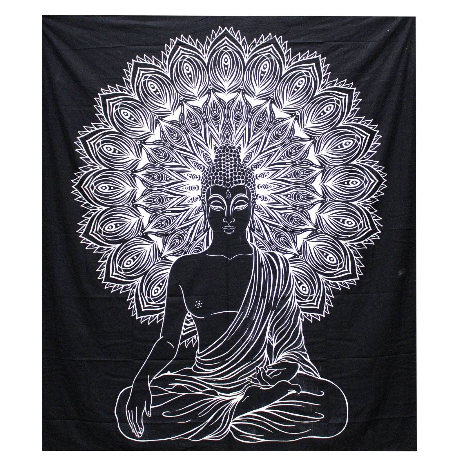 Buddha Black & White Tagesdecke + Wandbehang Baumwolle - Black and White Double Cotton Bedspread - Hauttempel