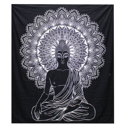 Buddha Black & White Tagesdecke + Wandbehang Baumwolle - Black and White Double Cotton Bedspread - Hauttempel