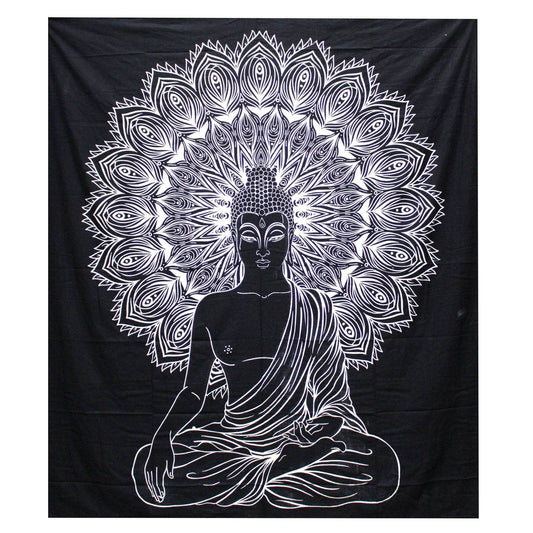 Buddha Black & White Tagesdecke + Wandbehang Baumwolle - Black and White Double Cotton Bedspread - Hauttempel