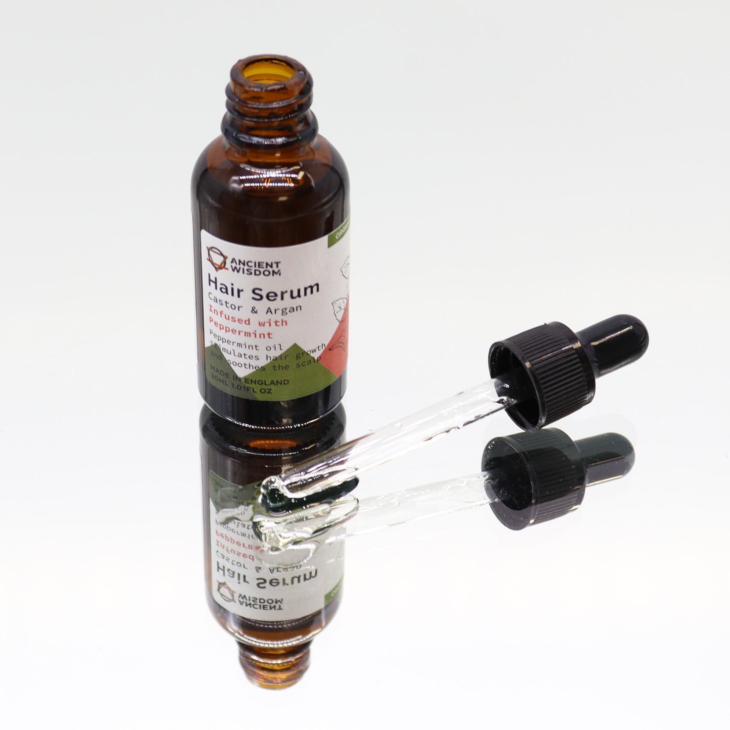 Haarserum Pfefferminze – Glasflasche auf Spiegel, Tropfer daneben