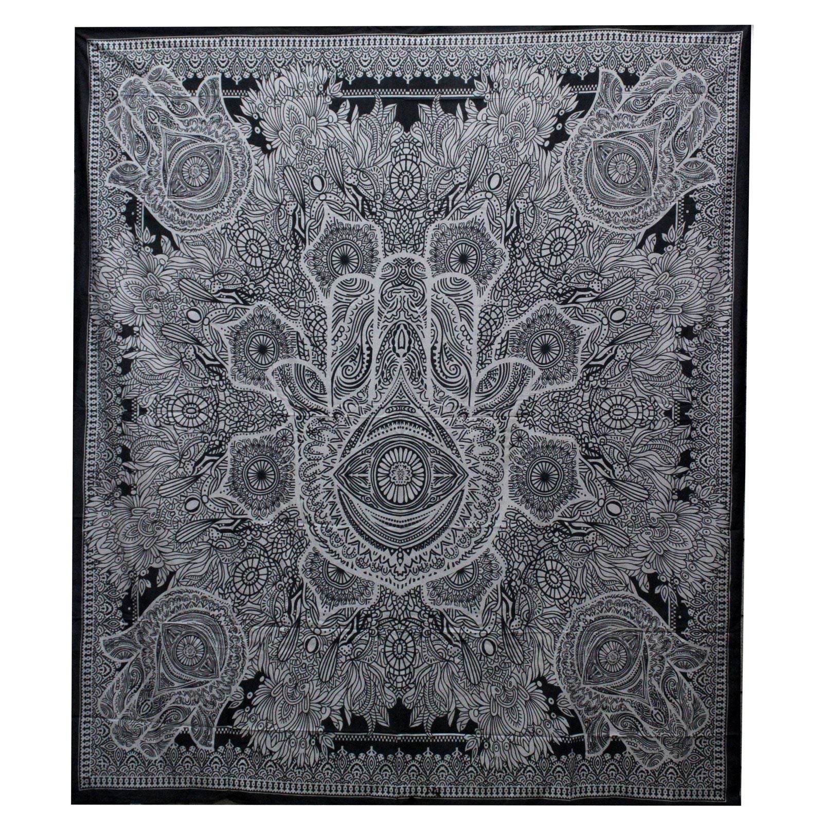 Hamsa Hand Black & White Tagesdecke + Wandbehang Baumwolle - Black and White Double Cotton Bedspread - Hauttempel