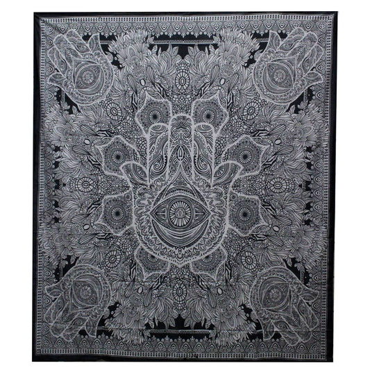 Hamsa Hand Black & White Tagesdecke + Wandbehang Baumwolle - Black and White Double Cotton Bedspread - Hauttempel