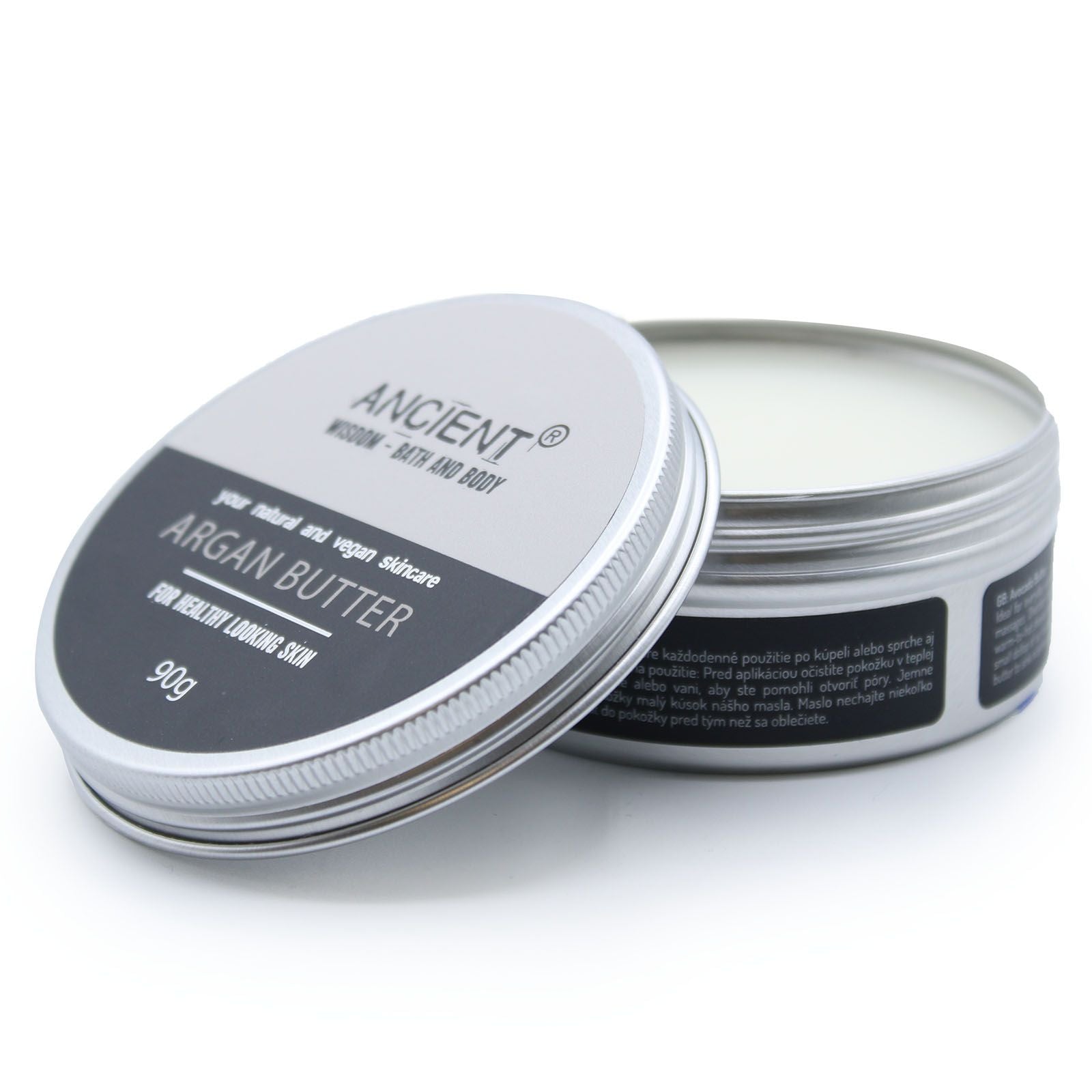 Körperbutter Argan – Dose mit halb geöffnetem Deckel, Inhalt sichtbar, Freisteller