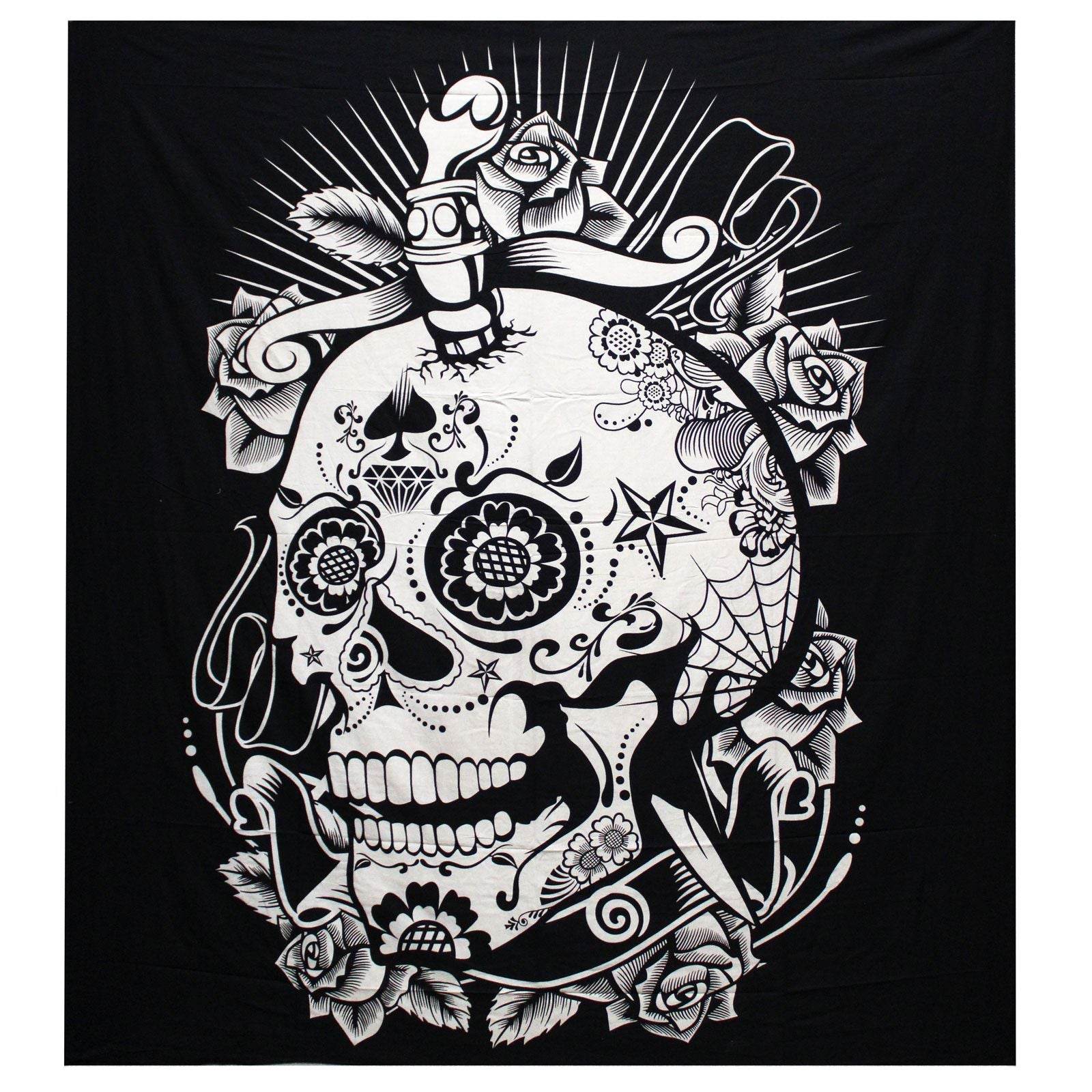 Rose Skull Black & White Tagesdecke + Wandbehang Baumwolle - Black and White Double Cotton Bedspread - Hauttempel