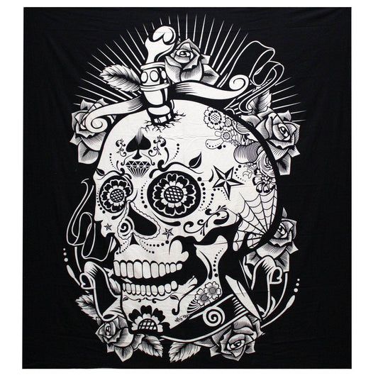 Rose Skull Black & White Tagesdecke + Wandbehang Baumwolle - Black and White Double Cotton Bedspread - Hauttempel