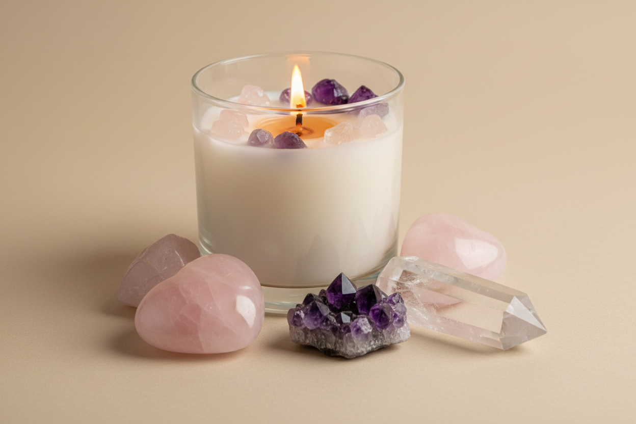 Edelsteinkerze mit Rosenquarz, Amethyst und Bergkristall