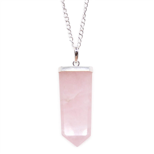 Indische Edelsteinkette Flacher Stiftanhänger Rosenquarz – rosa Stein, Freisteller