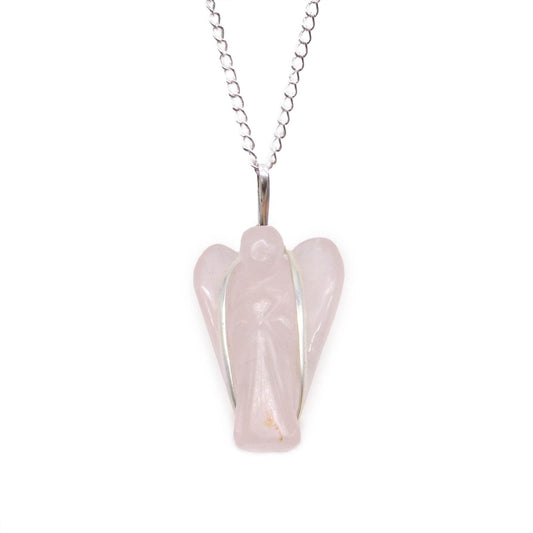 Indische Edelsteinkette Schutzengel aus Rosenquarz – rosa Engelsfigur, Freisteller