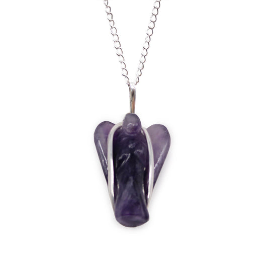 Indische Edelsteinkette Schutzengel aus Amethyst – lila Engelsfigur, Freisteller