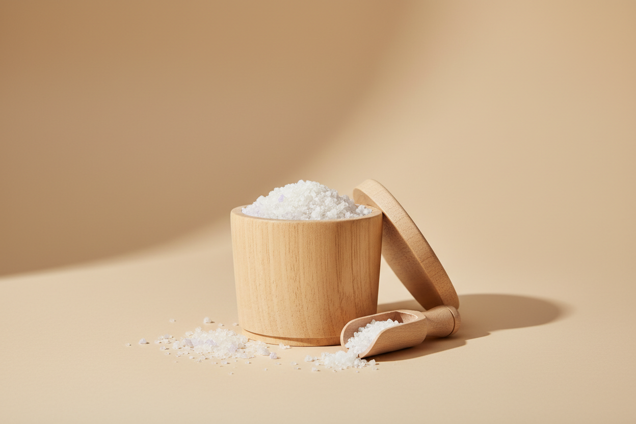 Behälter aus Holz gefüllt mit Badesalz, davor eine Miniholzschaufel zum Dosieren