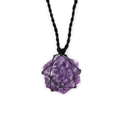 Halskette Geschnürter Edelsteinanhänger - Hexagon - Lepidolith