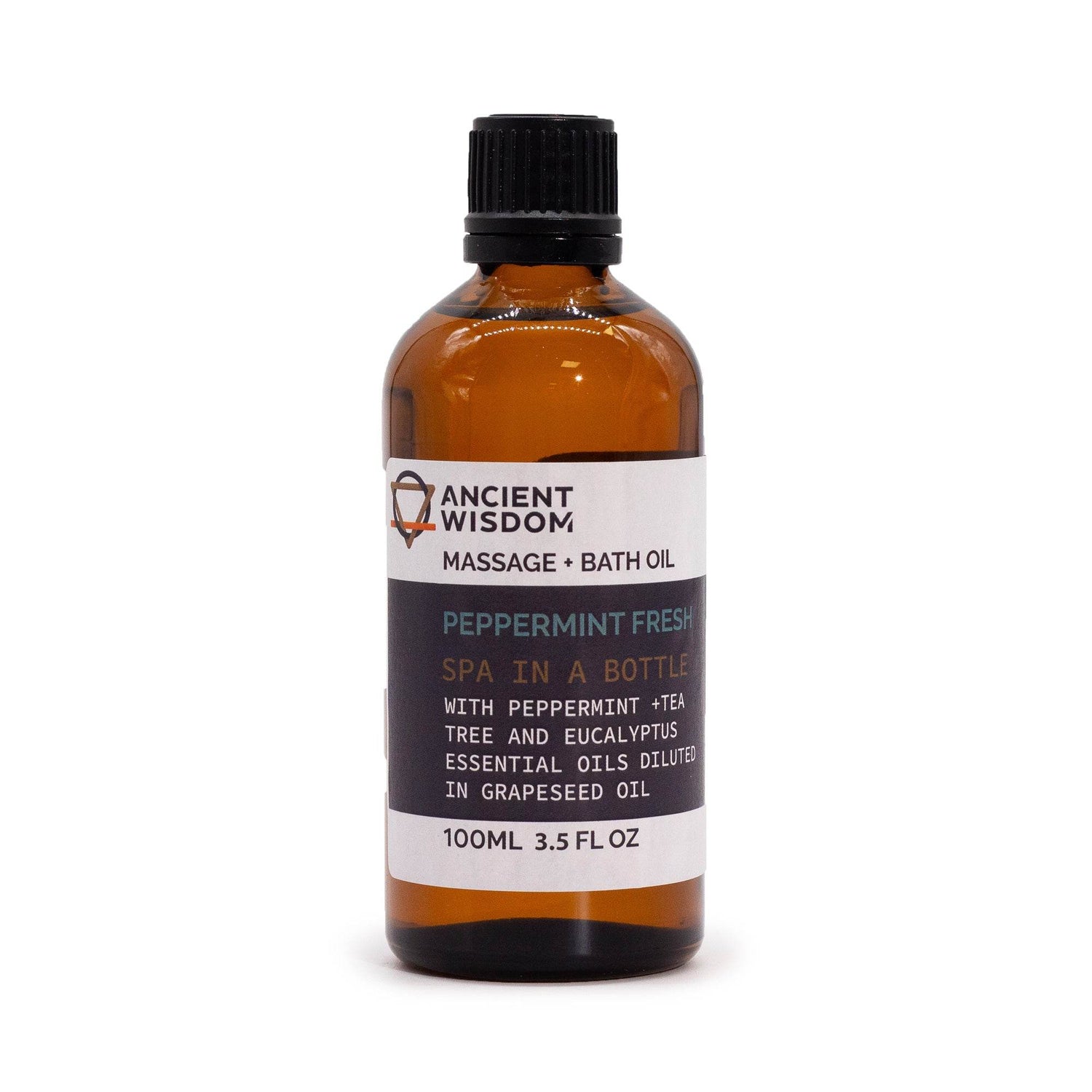 Massage- und Badeöl Peppermint Fresh – dunkle Glasflasche frontal, Freisteller