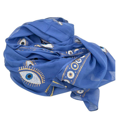 NOMAD SARI ON THE MED - Pareo/Sarong/Schal/Wickeltuch – ca. 180 x 110 cm - handbemalt Evil Eye (Böser Blick)blau-gold