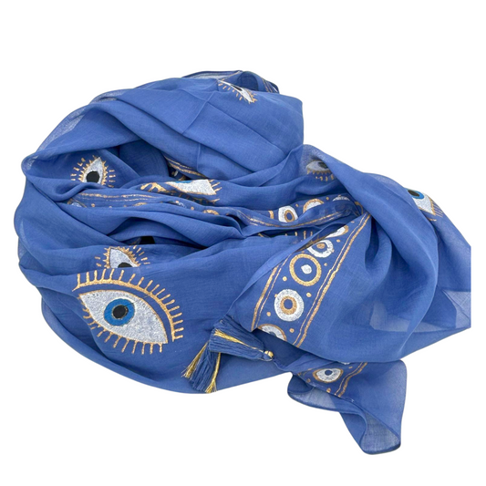 NOMAD SARI ON THE MED - Pareo/Sarong/Schal/Wickeltuch – ca. 180 x 110 cm - handbemalt Evil Eye (Böser Blick)blau-gold
