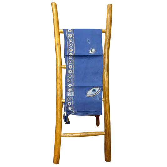 NOMAD SARI ON THE MED - Pareo/Sarong/Schal/Wickeltuch – ca. 180 x 110 cm - handbemalt Evil Eye (Böser Blick)blau-gold
