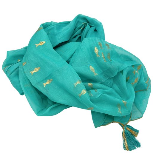 NOMAD SARI ON THE MED - Pareo/Sarong/Schal/Wickeltuch – ca. 180 x 110 cm - handbemalt Goldfisch türkis-gold