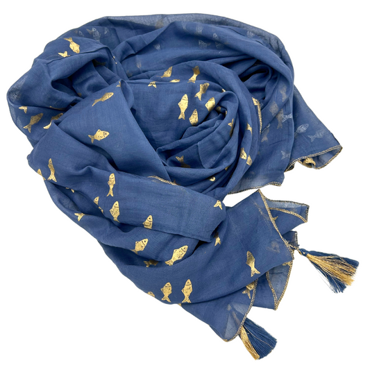 NOMAD SARI ON THE MED - Pareo/Sarong/Schal/Wickeltuch – ca. 180 x 110 cm - handbemalt Goldfisch blau-gold