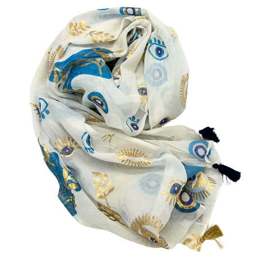 NOMAD SARI ON THE MED - Pareo/Sarong/Schal/Wickeltuch – ca. 180 x 110 cm - handbemalt Evil Eye (Böser Blick) weiß-blau-gold