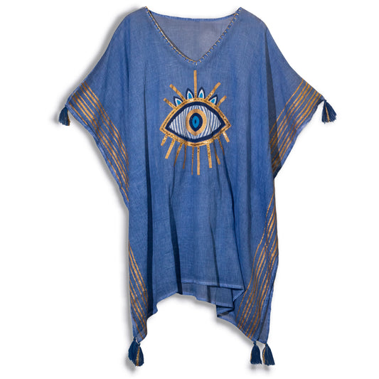 NOMAD SARI ON THE MED - Tunika/Kaftan  – Einheitsgröße - handbemalt - Evil Eye (Böser Blick) blau-gold