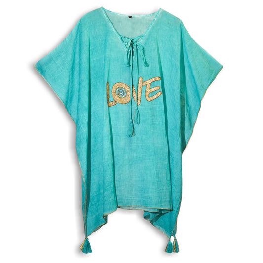 NOMAD SARI ON THE MED - Tunika/Kaftan  – Einheitsgröße - handbemalt - LOVE türkis-gold