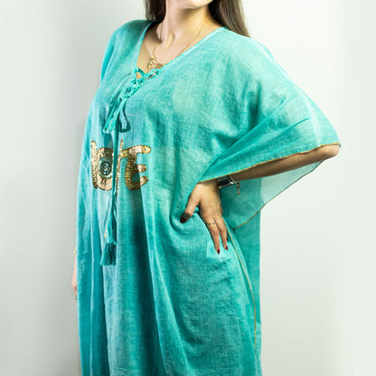 NOMAD SARI ON THE MED - Tunika/Kaftan  – Einheitsgröße - handbemalt - LOVE türkis-gold