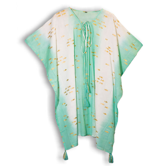 NOMAD SARI ON THE MED - Tunika/Kaftan  – Einheitsgröße - handbemalt - Goldfisch türkis weiß gold