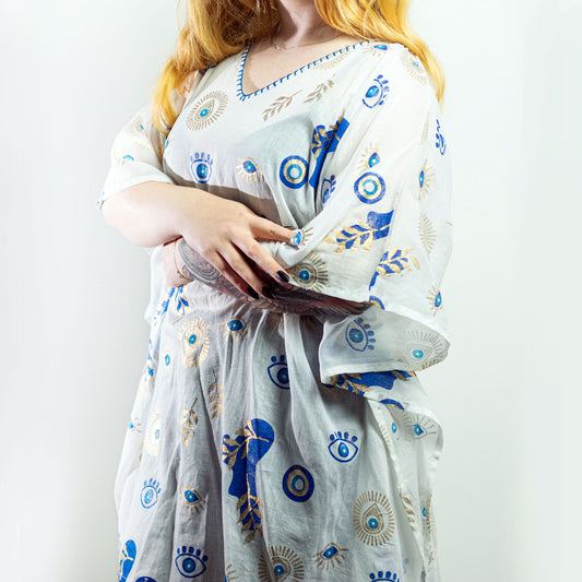 NOMAD SARI ON THE MED - Tunika/Kaftan  – Einheitsgröße - handbemalt - Evil Eye (Böser Blick) weiß blau gold