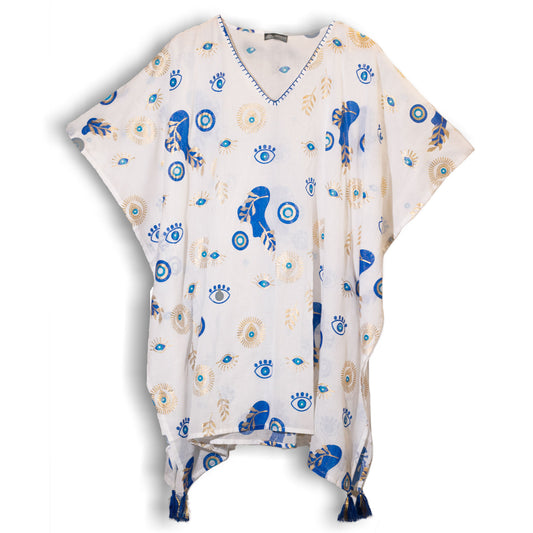 NOMAD SARI ON THE MED - Tunika/Kaftan  – Einheitsgröße - handbemalt - Evil Eye (Böser Blick) weiß blau gold